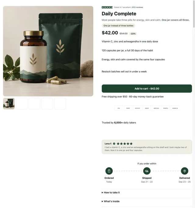 Supplements Shopify page template